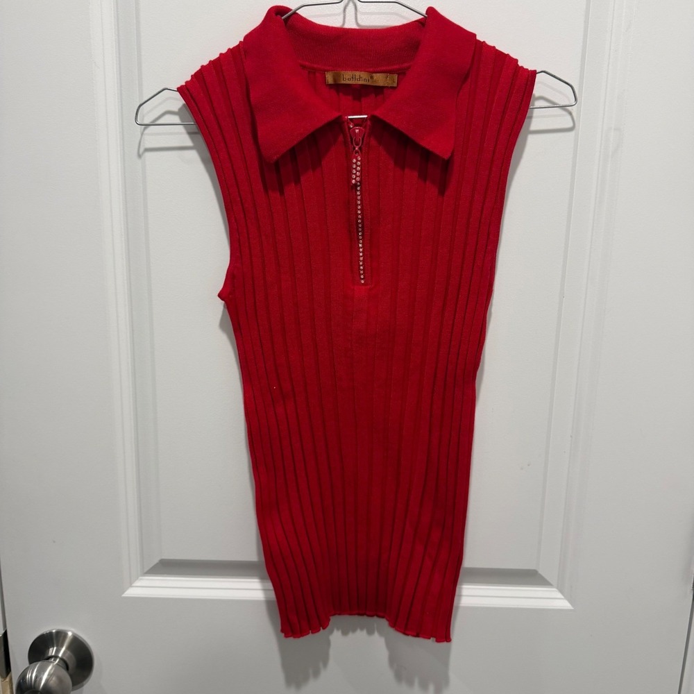 Belldini Womens Sleeveless Top Rhinestone Quarter‎ Zip Red L